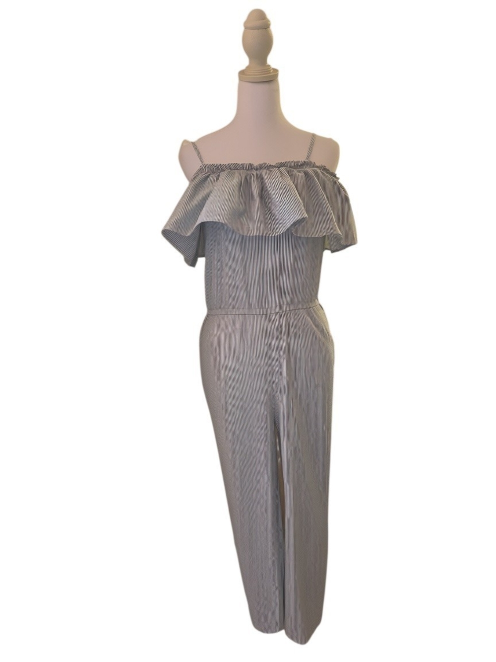H&M Blue and White Pinstripe Off-Shoulder Ruffle Jumpsuit